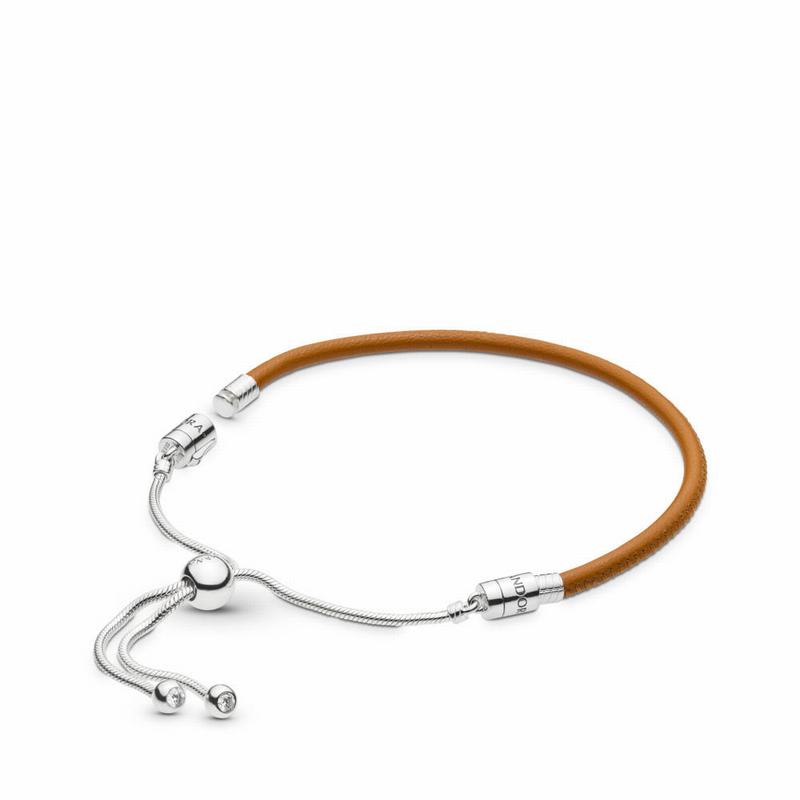 Pandora Australia Sliding Golden Tan Leather Bracelet - Sterling Silver | EWPQTM874